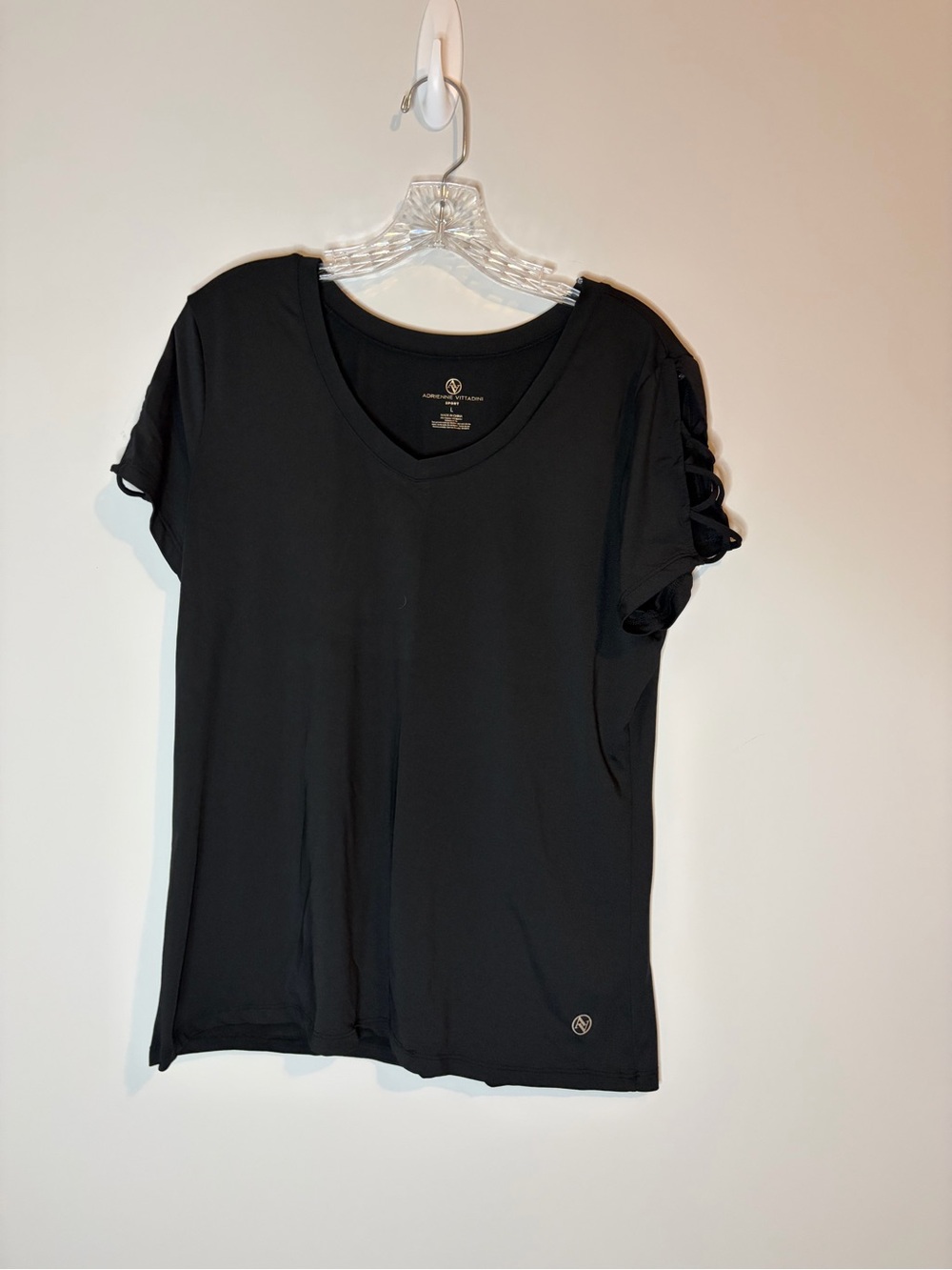 Adrienne Vittadini Sport Lattice Sleeve V-Neck Top Size L